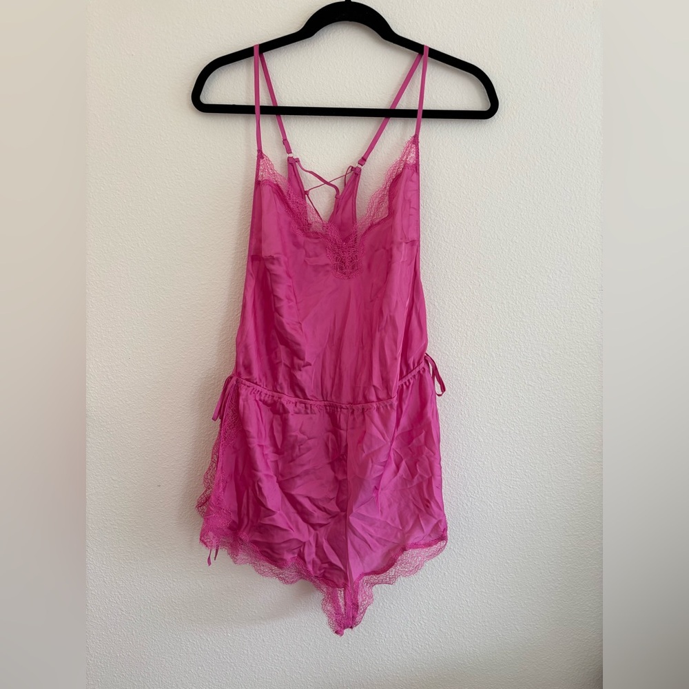Victoria's Secret Hot Pink Lace Trim Satin Romper